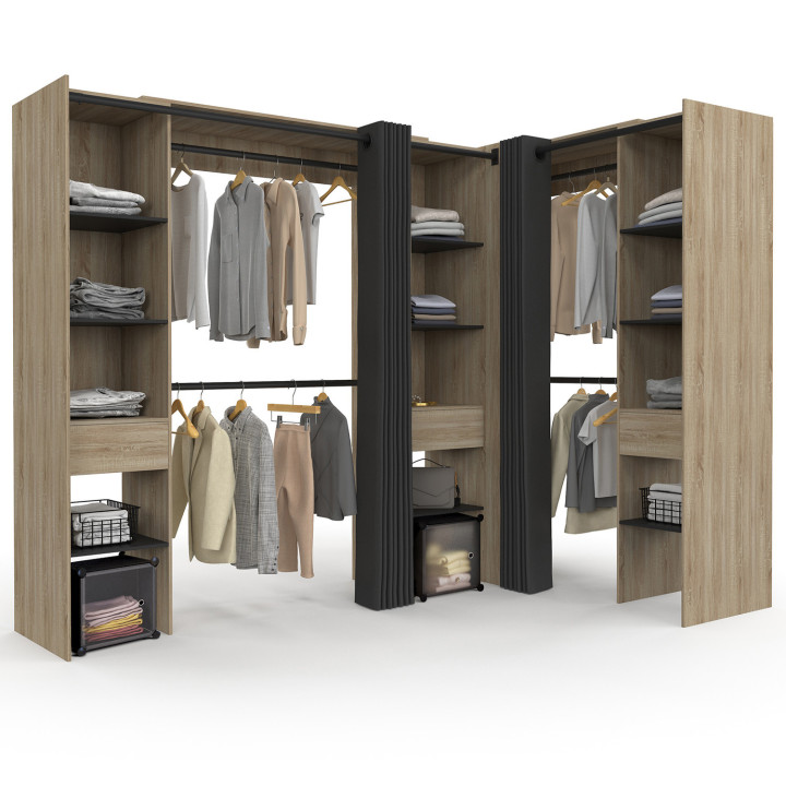 Armadio angolare allungabile in faggio con armadi, mensole e tende nere - MARLON | ID Market