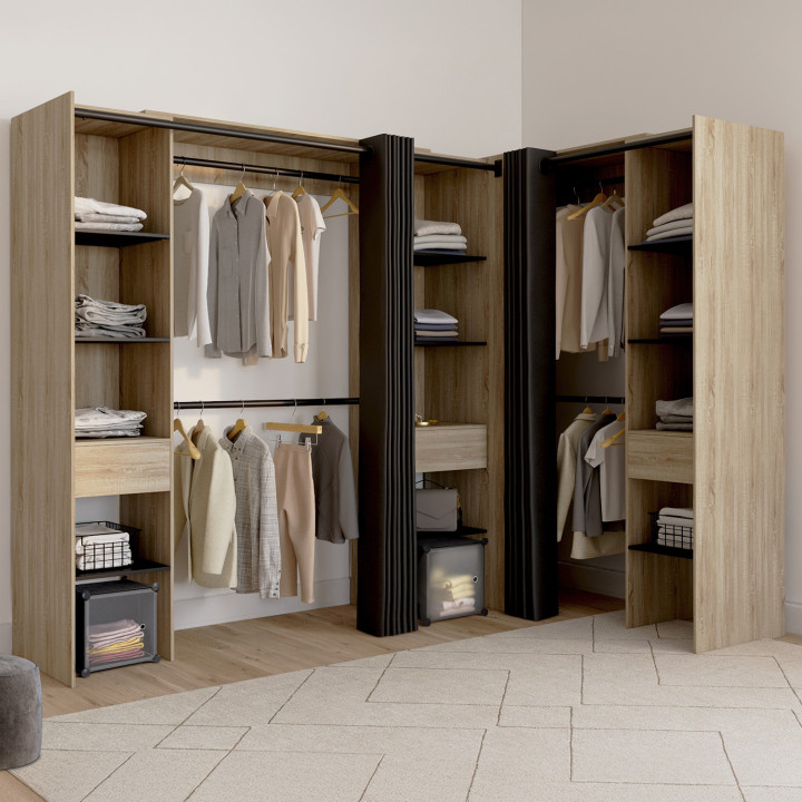 Armadio angolare allungabile in faggio con armadi, mensole e tende nere - MARLON | ID Market