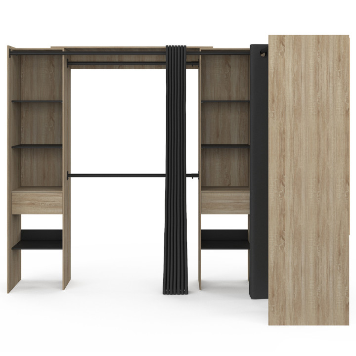 Armadio angolare allungabile in faggio con armadi, mensole e tende nere - MARLON | ID Market