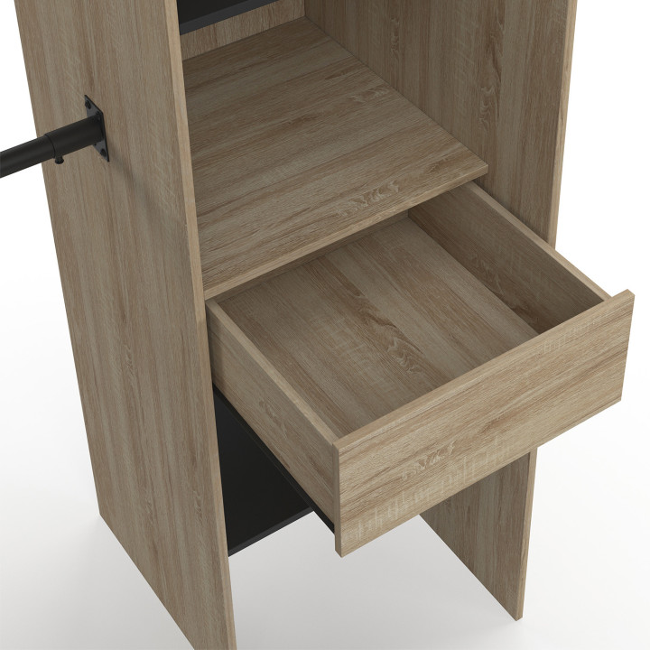 Armadio angolare allungabile in faggio con armadi, mensole e tende nere - MARLON | ID Market