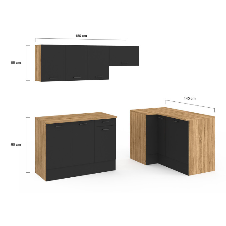 Cucina completa ad angolo in legno e nero 400 cm - SUBTIL | ID Market