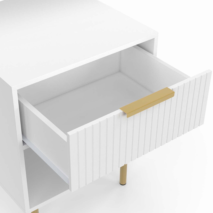 Set di 2 comodini, 1 cassetto con nicchia, doghe in legno bianco e oro - MARCEL | ID Market
