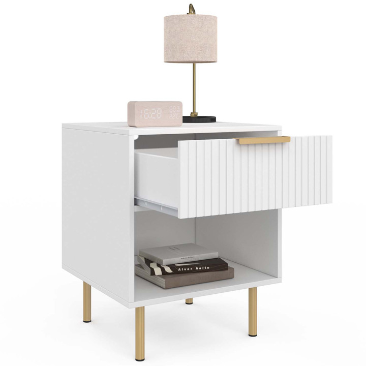 Set di 2 comodini, 1 cassetto con nicchia, doghe in legno bianco e oro - MARCEL | ID Market