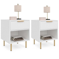 Set di 2 comodini, 1 cassetto con nicchia, doghe in legno bianco e oro - MARCEL | ID Market