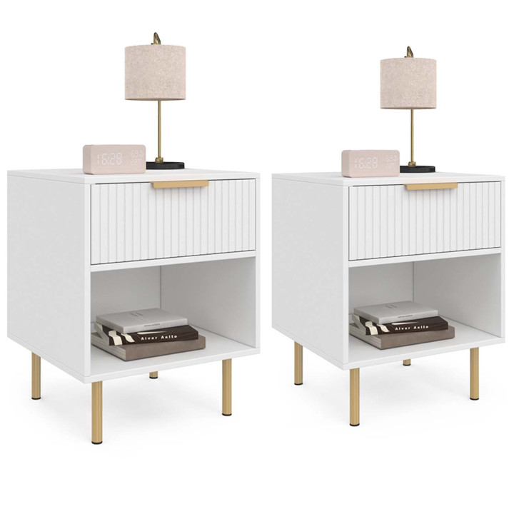 Set di 2 comodini, 1 cassetto con nicchia, doghe in legno bianco e oro - MARCEL | ID Market