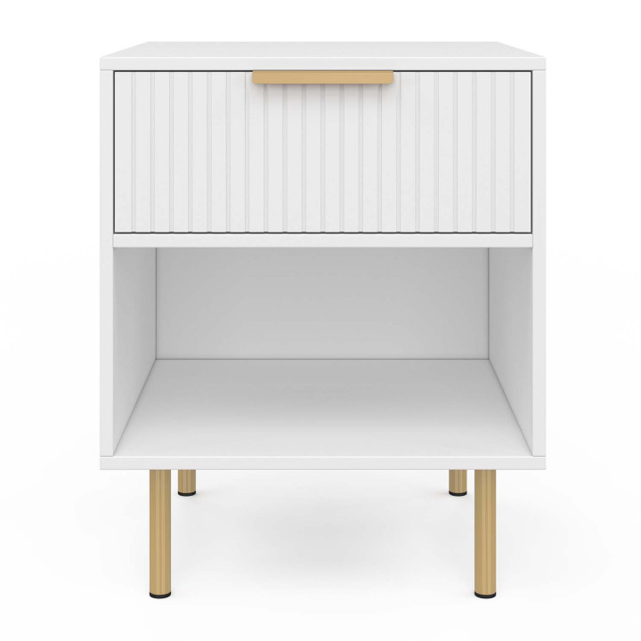 Set di 2 comodini, 1 cassetto con nicchia, doghe in legno bianco e oro - MARCEL | ID Market