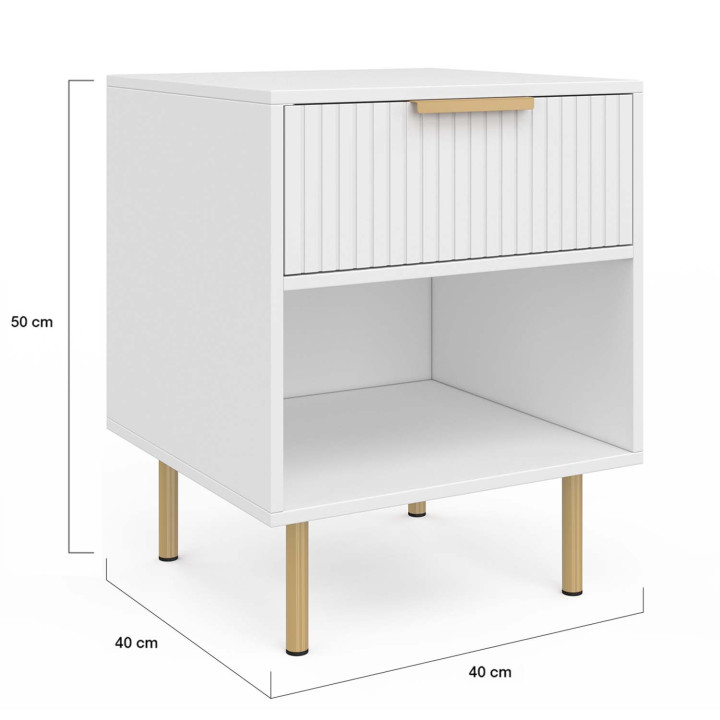 Set di 2 comodini, 1 cassetto con nicchia, doghe in legno bianco e oro - MARCEL | ID Market