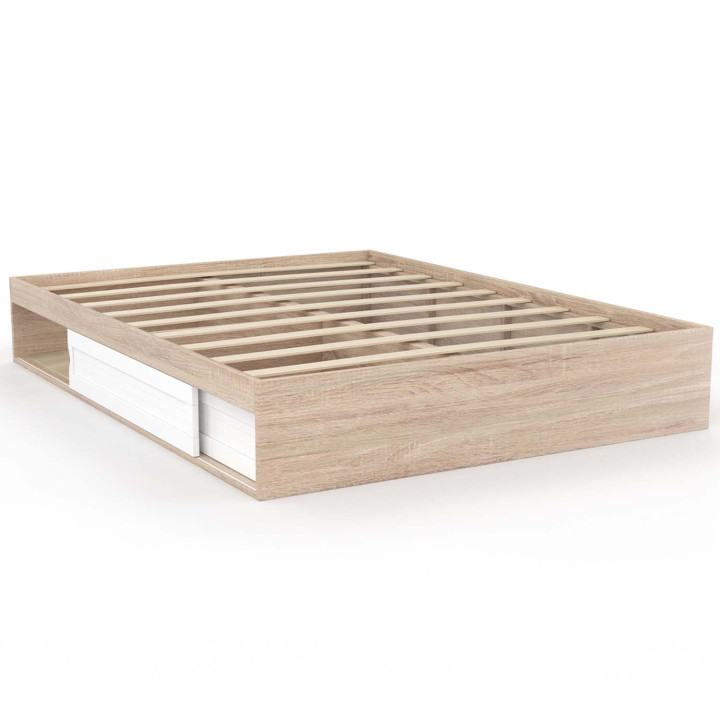 Struttura letto 140x190 cm con base bianca e legno e contenitore - SALEM | ID Market