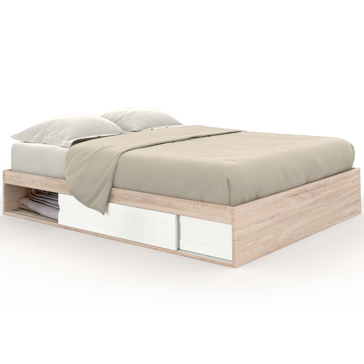 Struttura letto 140x190 cm con base bianca e legno e contenitore - SALEM | ID Market