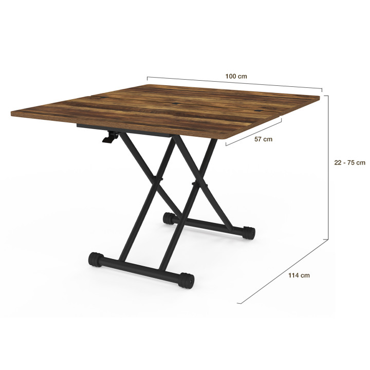 Tavolino industriale sollevabile in legno scuro con effetto invecchiato e nero - URBANA | ID Market