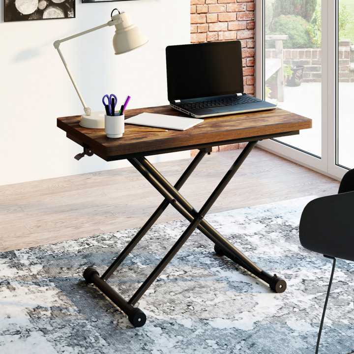 Tavolino industriale sollevabile in legno scuro con effetto invecchiato e nero - URBANA | ID Market