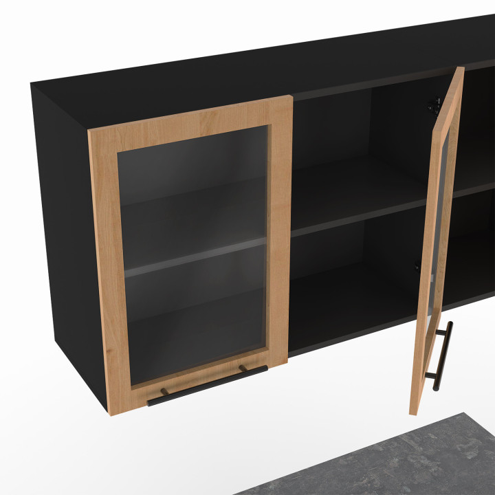Cucina completa di vetrina, piano di lavoro nero e frontale in legno | ID Market