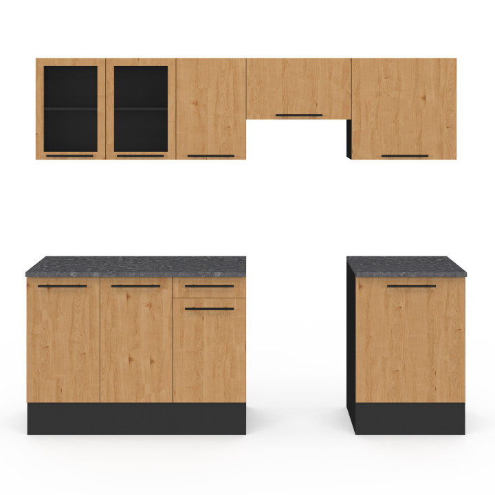 Cucina completa di vetrina, piano di lavoro nero e frontale in legno | ID Market