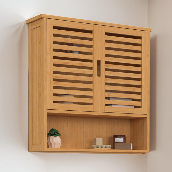 Armadio da parete per bagno a 2 ante in bambù con ripiano | ID Market