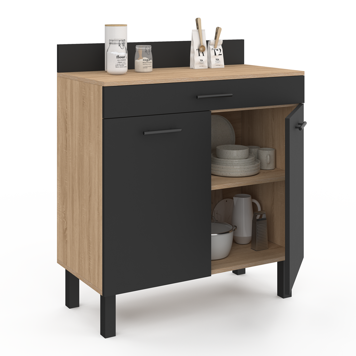Credenza Moimhear 208 Cm – Armadio Con 4 Ante E 2 Cassetti, Stile Rustico, Colore Legno E Nero, 39,5x80 Cm, Per TV Fino A 90 Pollici - 4