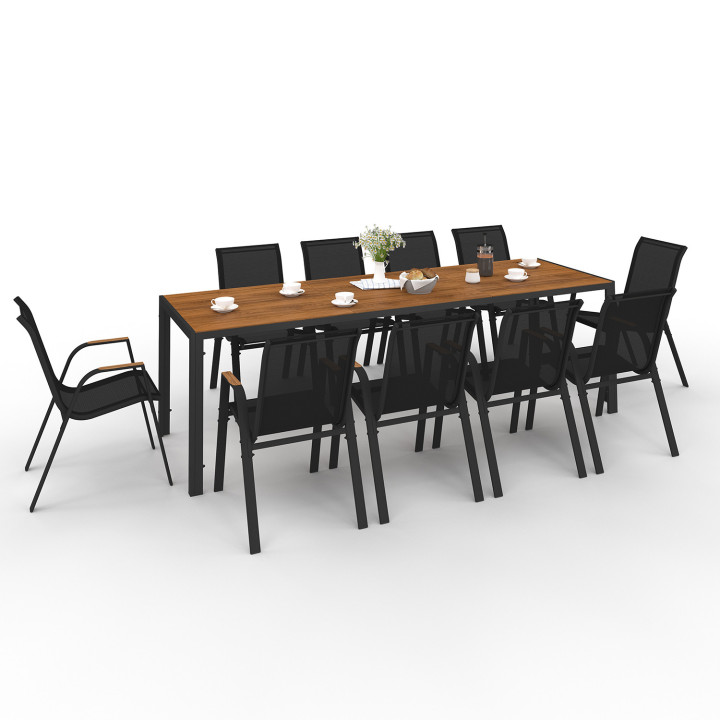Set di mobili da giardino con 10 sedie impilabili tavolo 240 cm nero e legno - NOUMEA | ID Market