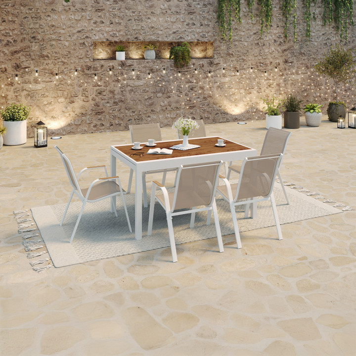 Set di mobili da giardino allungabili - 135 / 270 cm piano del tavolo effetto legno e 12 sedie impilabili in legno e bianco - NO