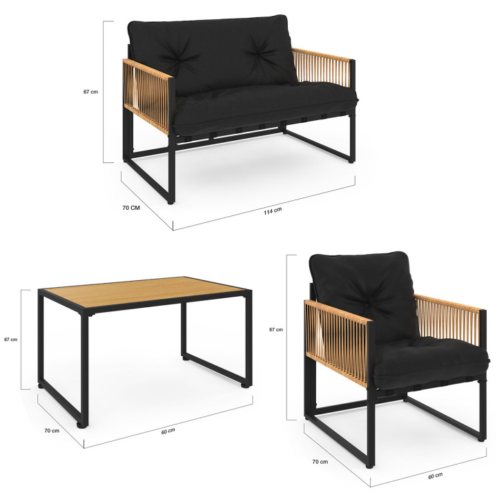 Set di mobili da giardino bassi a 4 posti in acciaio nero e rattan chiaro - RIO | ID Market