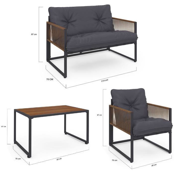 Set di mobili da giardino bassi a 4 posti in acciaio grigio e cordame marrone - RIO | ID Market