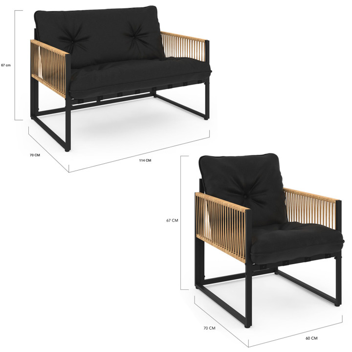 Set di mobili da giardino bassi a 6 posti in rattan nero e chiaro - RIO | ID Market