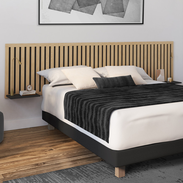 Testiera sospesa con doghe verticali e ripiani in legno e nero - ARIA | ID Market