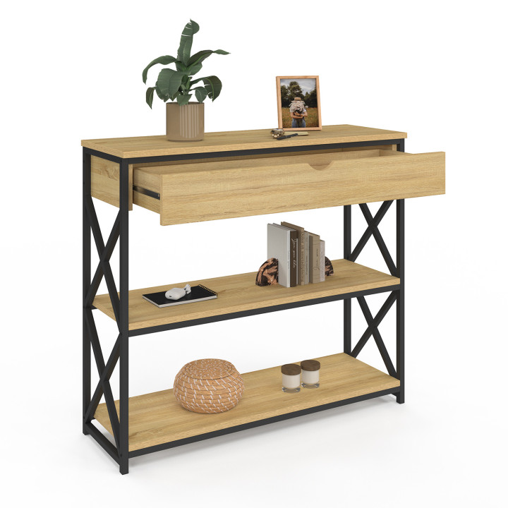 Consolle industriale 1 cassetto 2 ripiani legno e metallo - WAYNE | ID Market