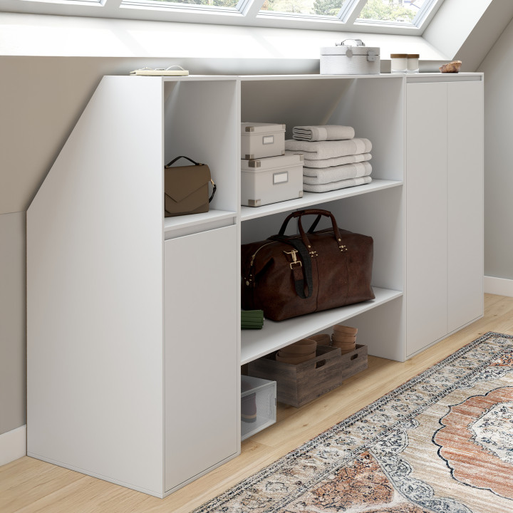 Scaffalatura bianca a 2 livelli, armadio a 2 ante e armadio a 1 anta + 1 nicchia inclinata - TOMI | ID Market