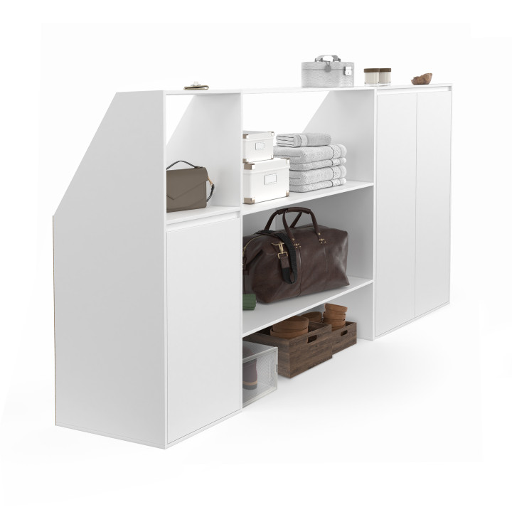 Scaffalatura bianca a 2 livelli, armadio a 2 ante e armadio a 1 anta + 1 nicchia inclinata - TOMI | ID Market