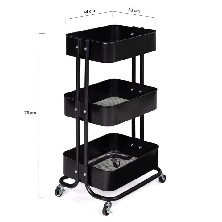 Carrello di servizio in acciaio su rotelle, 3 livelli, nero | ID Market