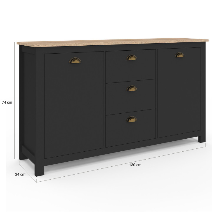 Credenza 2 ante 3 cassetti 130 CM legno e campagna nera - ISIS | ID Market
