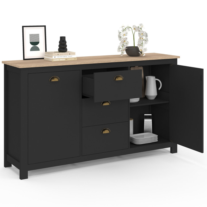Credenza 2 ante 3 cassetti 130 CM legno e campagna nera - ISIS | ID Market