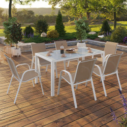 Set di mobili da giardino 6 posti tavolo 150cm sedie impilabili bianco e beige - MADRID | ID Market
