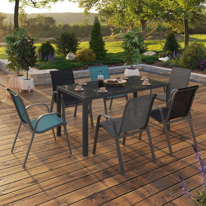 Set di mobili da giardino in acciaio e colori diversi con tavolo da 150 cm e 6 sedie impilabili - MADRID | ID Market