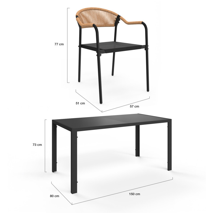 Set di mobili da giardino con 6 sedie in textilene nero e corda, rattan chiaro - MADEIRA |ID Market