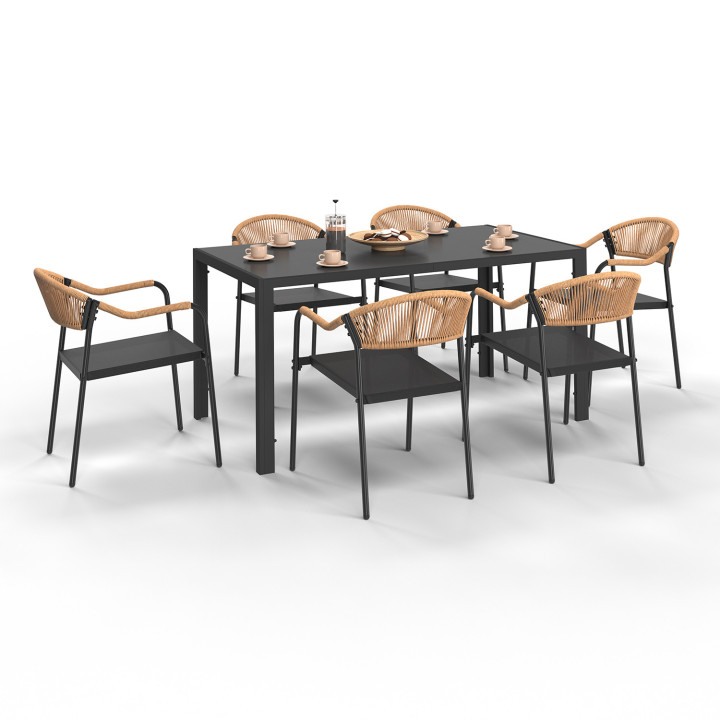 Set di mobili da giardino con 6 sedie in textilene nero e corda, rattan chiaro - MADEIRA |ID Market