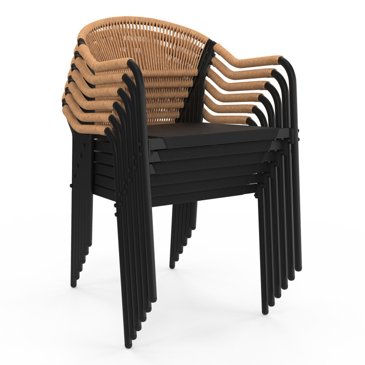 Set di mobili da giardino con 6 sedie in textilene nero e corda, rattan chiaro - MADEIRA |ID Market