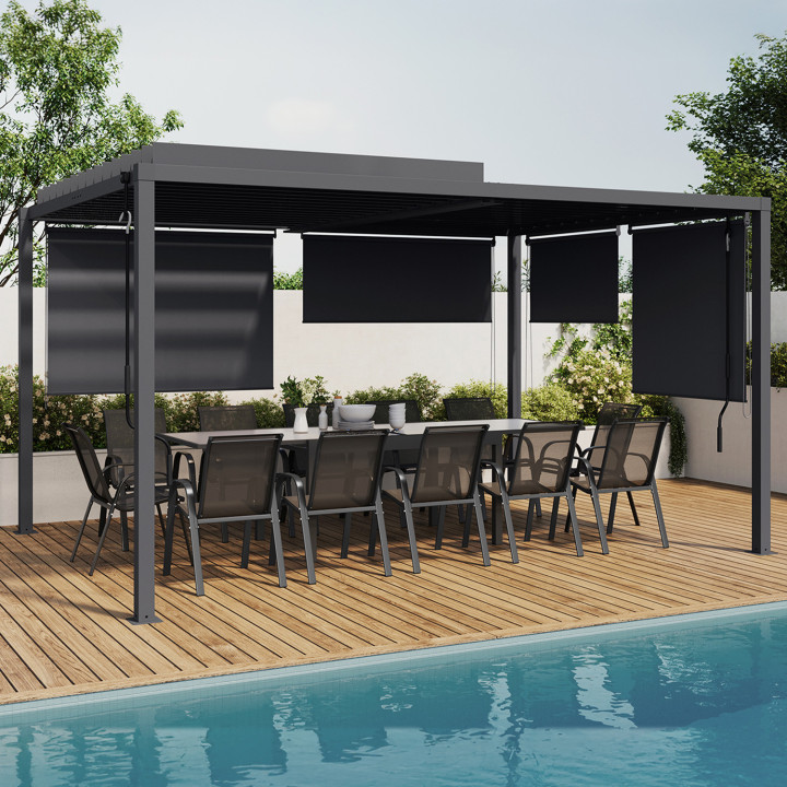 Pergola bioclimatica con lamelle orientabili 3x4M e tende grigio antracite | ID Market