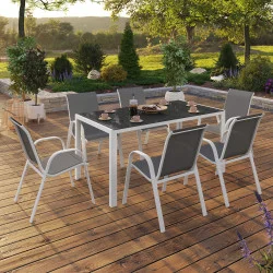 Set di mobili da giardino a 6 posti con tavolo in vetro temperato e sedie bianche e grigie - MADRID | ID Market