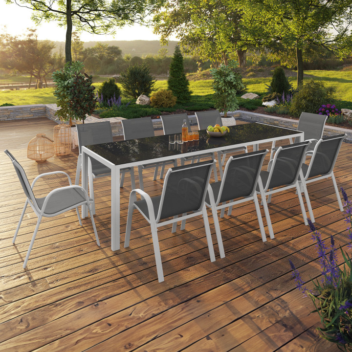 Set di mobili da giardino bianchi e grigi con 10 sedie impilabili - MADRID | ID Market