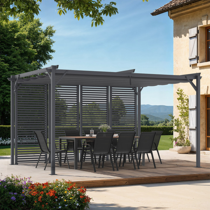Pergola a lamelle grigio carbone con tetto retrattile e 4 sezioni modulari 3x4M | ID Market