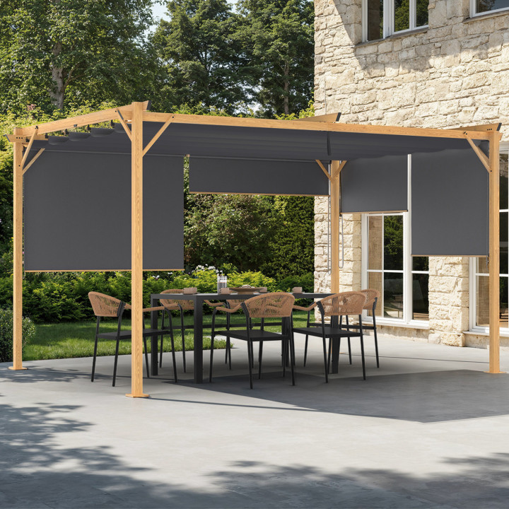 Pergola retrattile effetto legno 3x4M e 4 tende da sole grigio antracite | ID Market