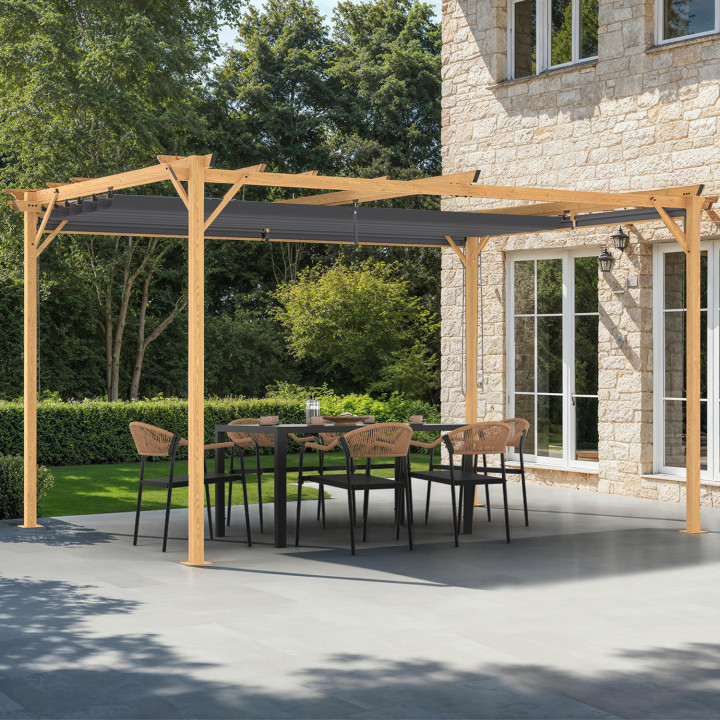 Pergola retrattile effetto legno 3x4M e 4 tende da sole grigio antracite | ID Market