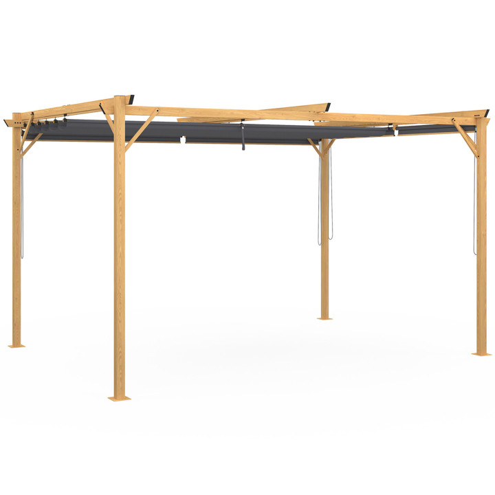 Pergola retrattile effetto legno 3x4M e 4 tende da sole grigio antracite | ID Market