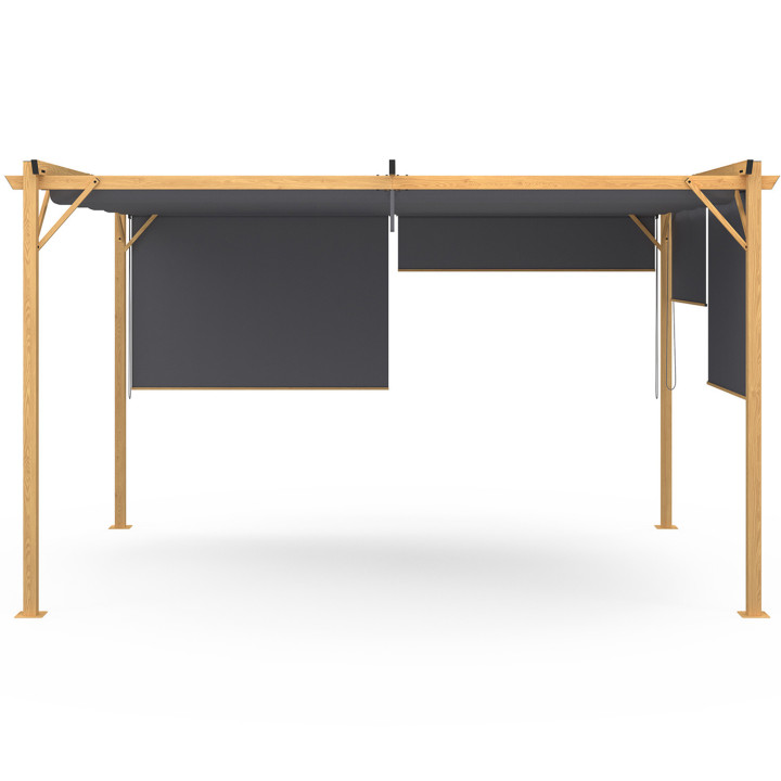 Pergola retrattile effetto legno 3x4M e 4 tende da sole grigio antracite | ID Market