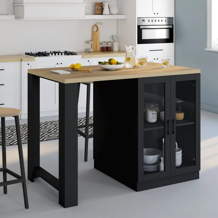 Isola centrale con piano di lavoro in legno e nero e ante in vetro - LINO | ID Market