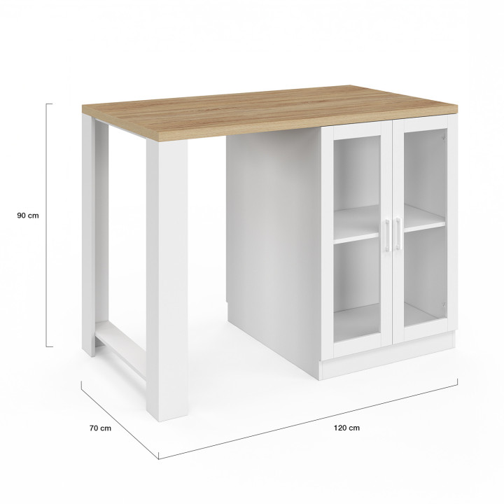 Isola centrale con piano di lavoro in legno e bianco e ante in vetro - LINO | ID Market