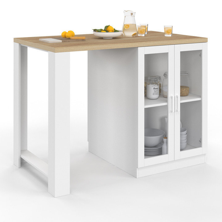 Isola centrale con piano di lavoro in legno e bianco e ante in vetro - LINO | ID Market