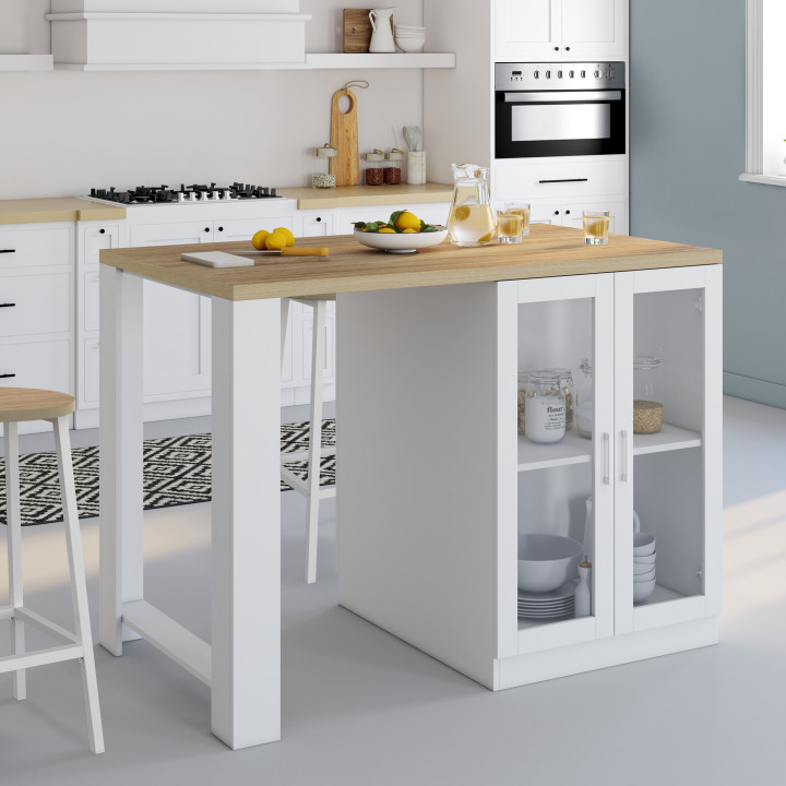 Isola centrale con piano di lavoro in legno e bianco e ante in vetro - LINO | ID Market