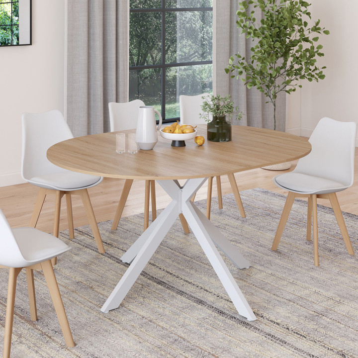 Tavolo da pranzo rotondo allungabile in legno e bianco 4-8 persone 110-150cm - ALIX | ID Market