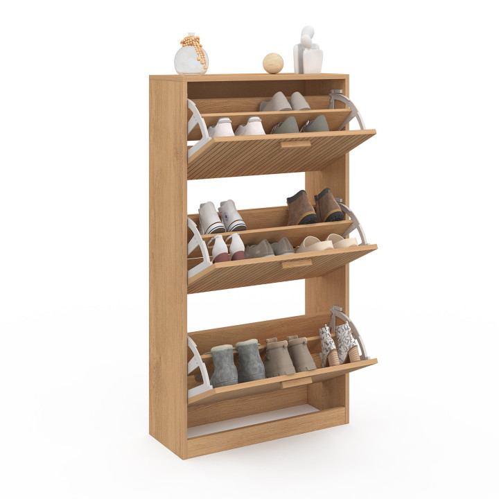 Scarpiera da 18 pezzi con 3 ante a doghe in rovere - JULIETTE | ID Market